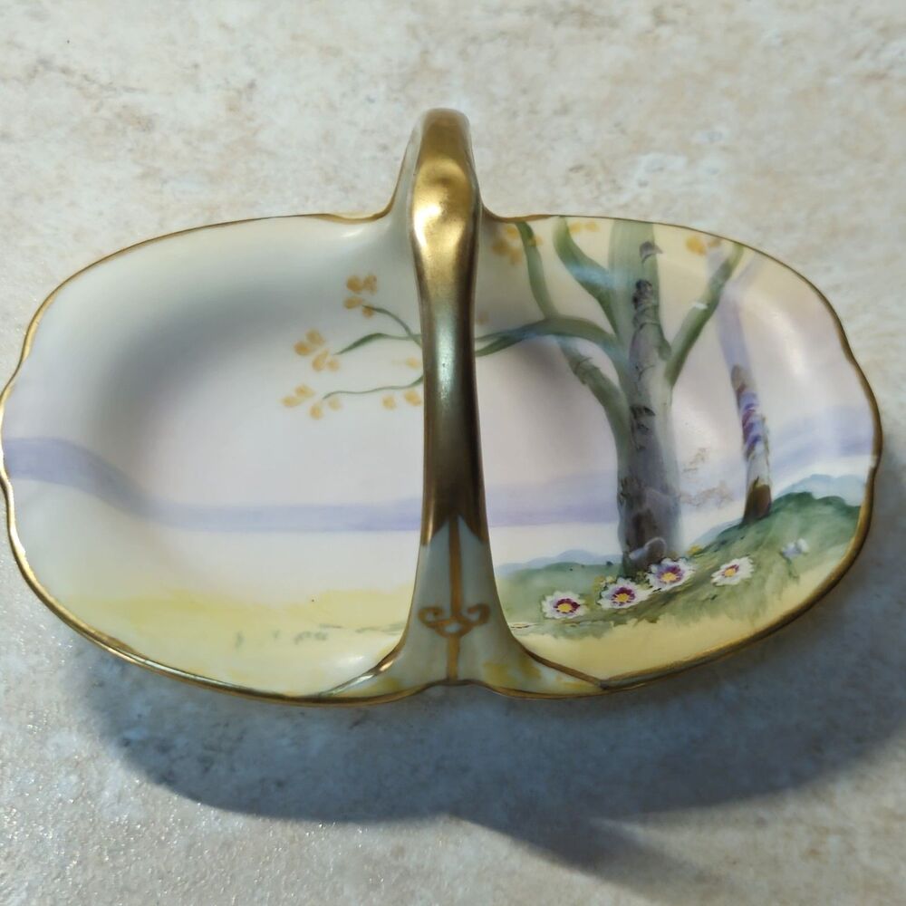 Antique Nippon Hand Painted Porcelain Basket Candy Dish Dresser Tray Gold Gilt